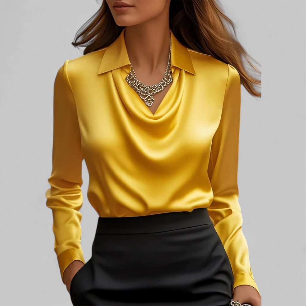 Draped Neck Satin Blouse with Long Sleeves