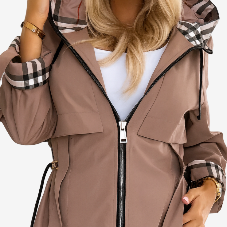Maeve – Hooded Trench Coat with Check Detail