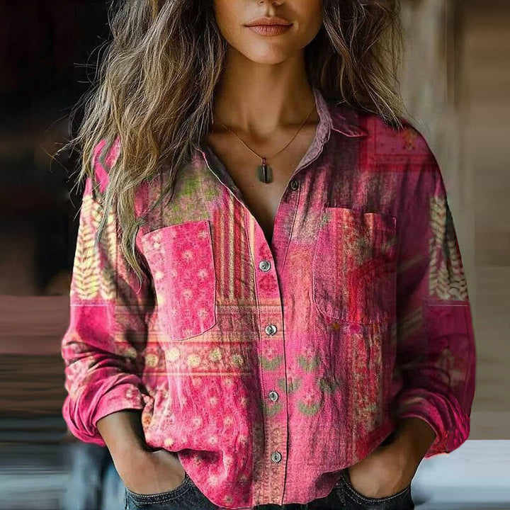 Women’s Vintage Boho Print Button-Up Blouse