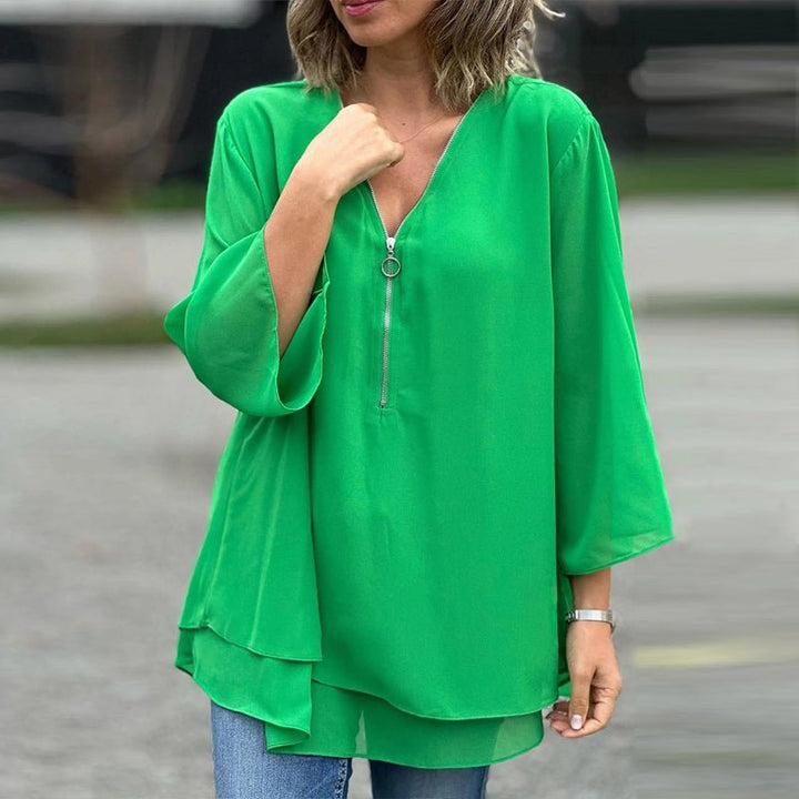 Katie | Luxe Chiffon Zipper Top With V-Neck
