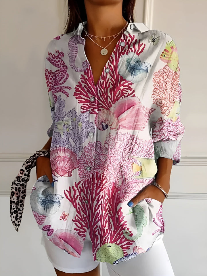 Maia | Cotton Blouse with Floral Wave Design